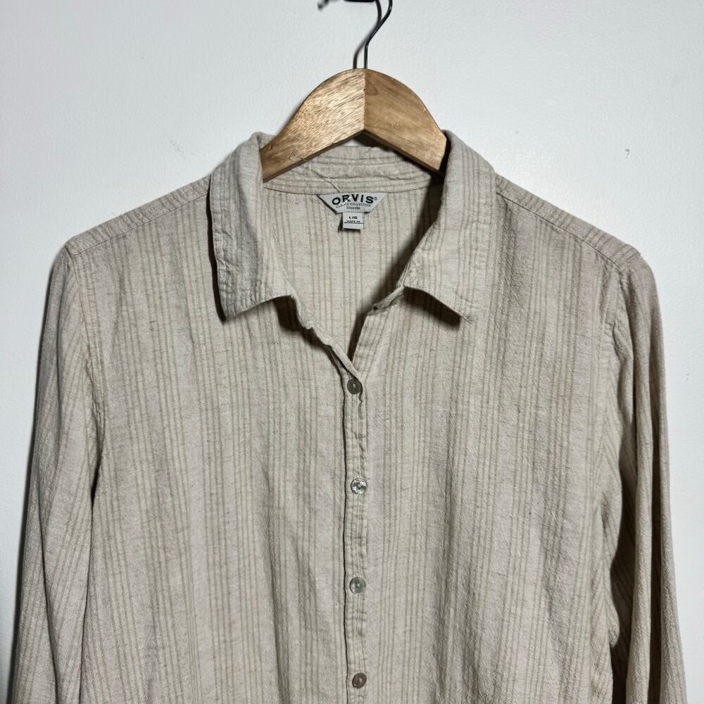 Orvis Button Up Linen Shirt Women L Tan Beige Long Sleeve Coastal Minimal Modest - Picture 4 of 10